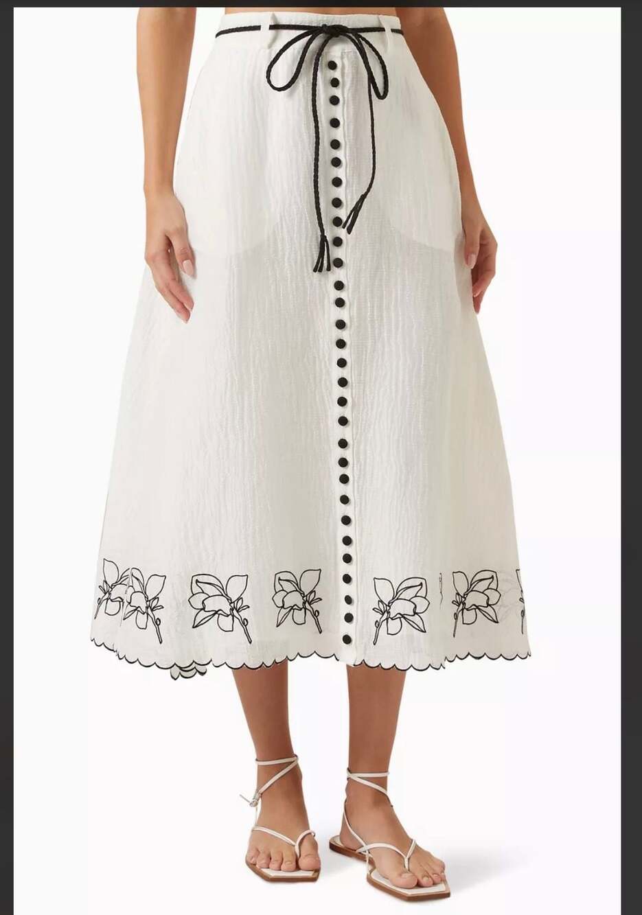 NEW Joslin White Embroidered Button-Front Midi Skirt  Braided Belt Linen Silk AU